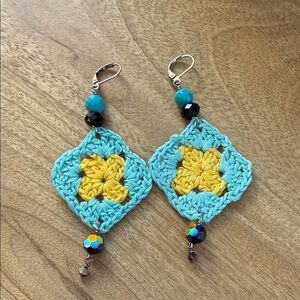 Vibrant Turquoise and Yellow Crochet Earrings